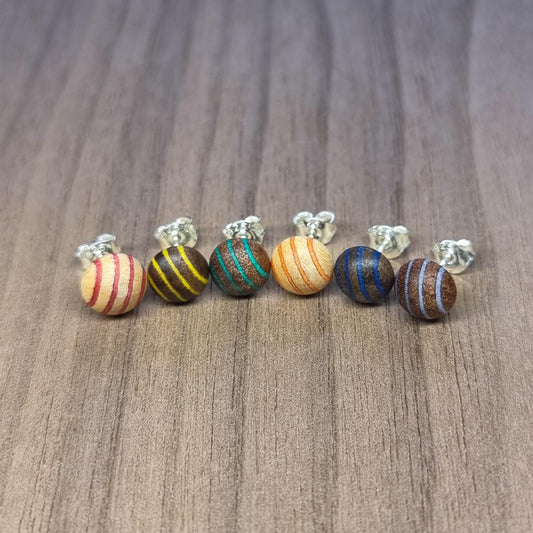 Rainbow striped wood & silver hand made stud earrings