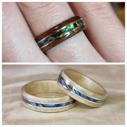 Custom wood, metal, & abalone shell hand made bent wood ring