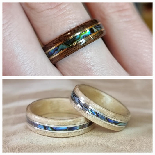 Custom wood, metal, & abalone shell hand made bent wood ring