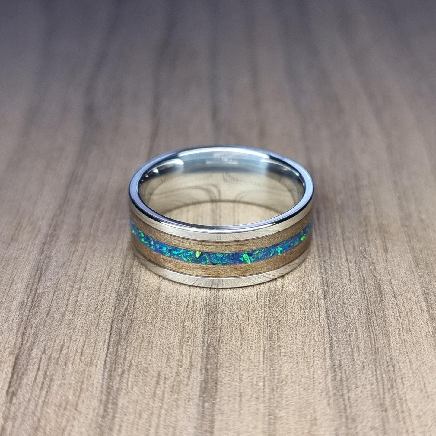 Stainless steel & walnut ring with blue opal inlay