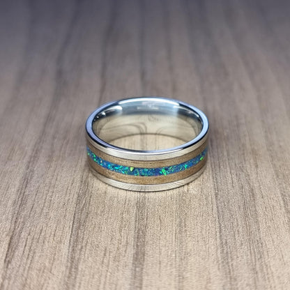 Stainless steel & walnut ring with blue opal inlay
