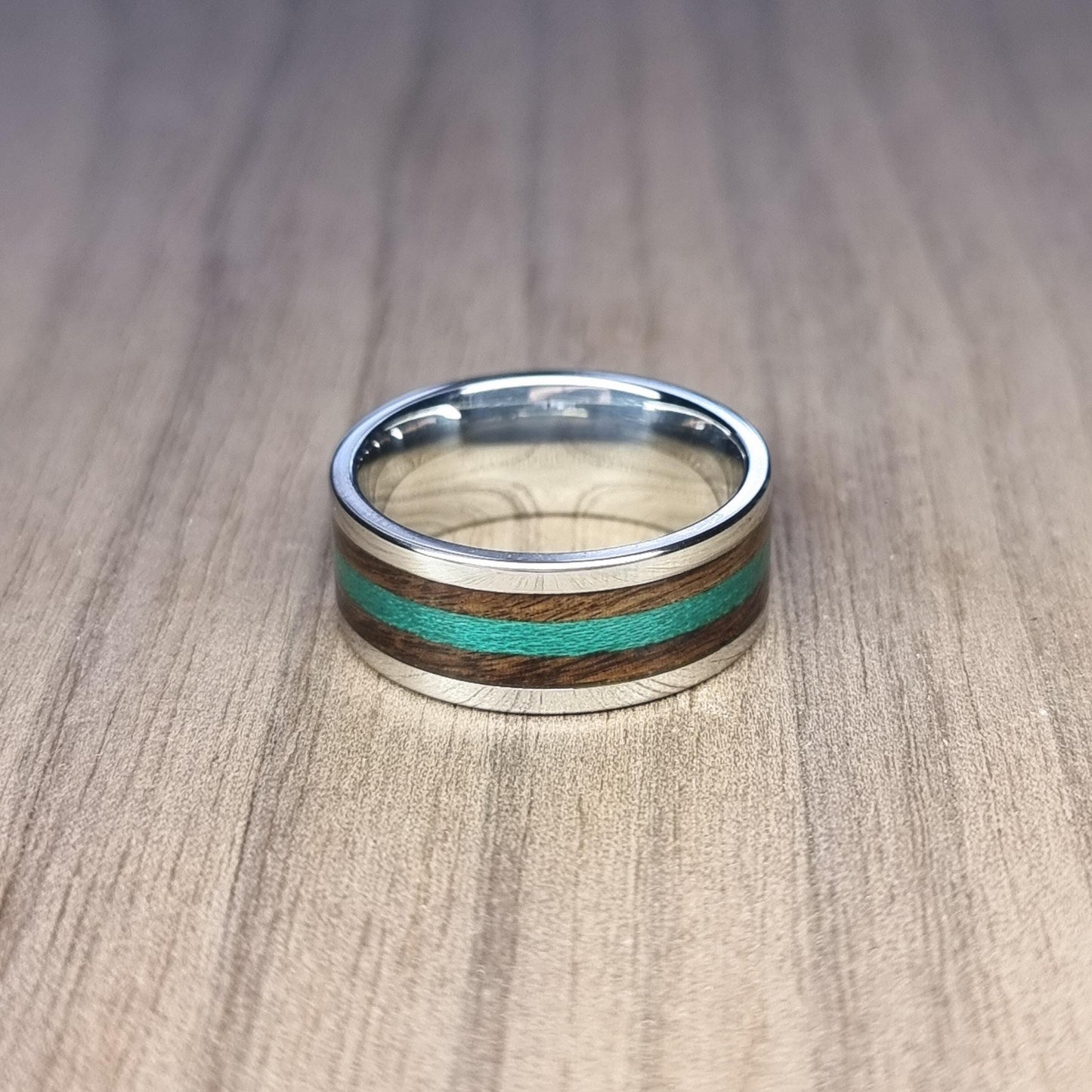Stainless steel nd rosewood with green tulipwood inlay ring