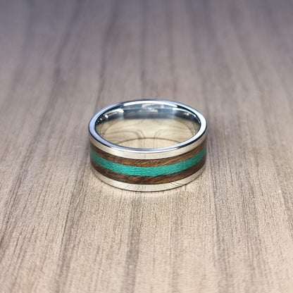 Stainless steel nd rosewood with green tulipwood inlay ring