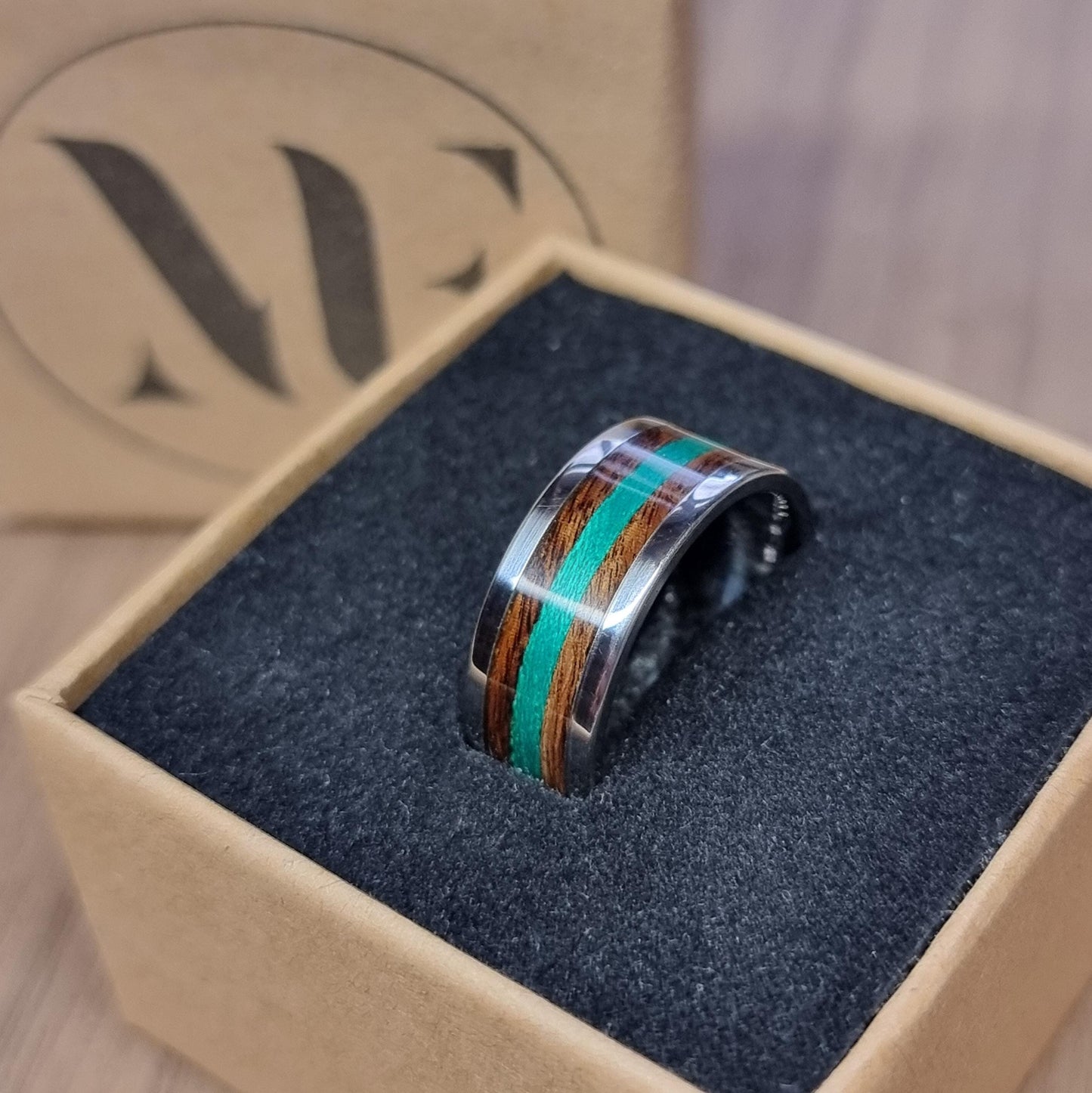 Stainless steel, rosewood & green tulipwood ring - Hand made bent wood ring - Alternative wooden wedding band - Custom engagement ring