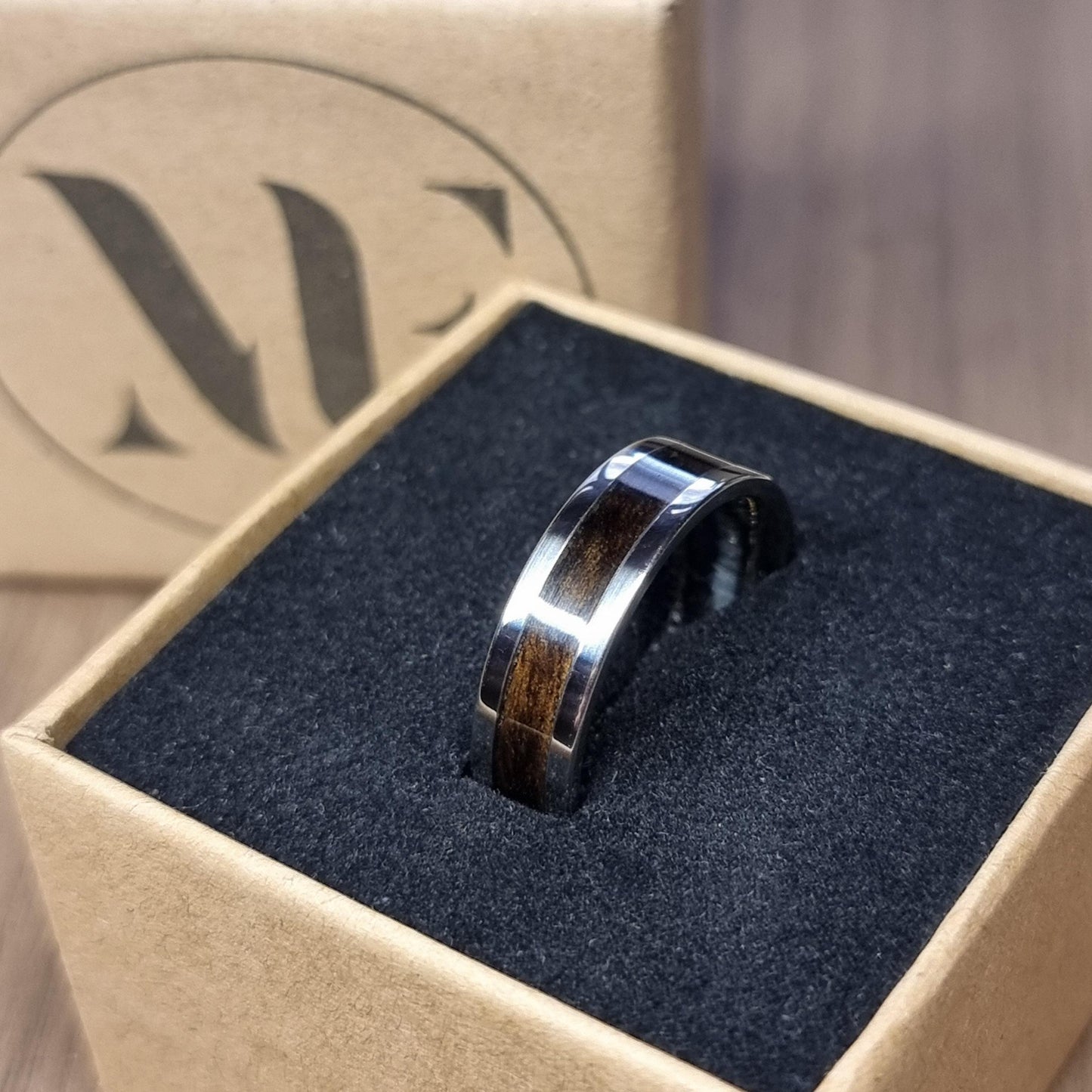 Stainless steel and smoked eucalyptus ring