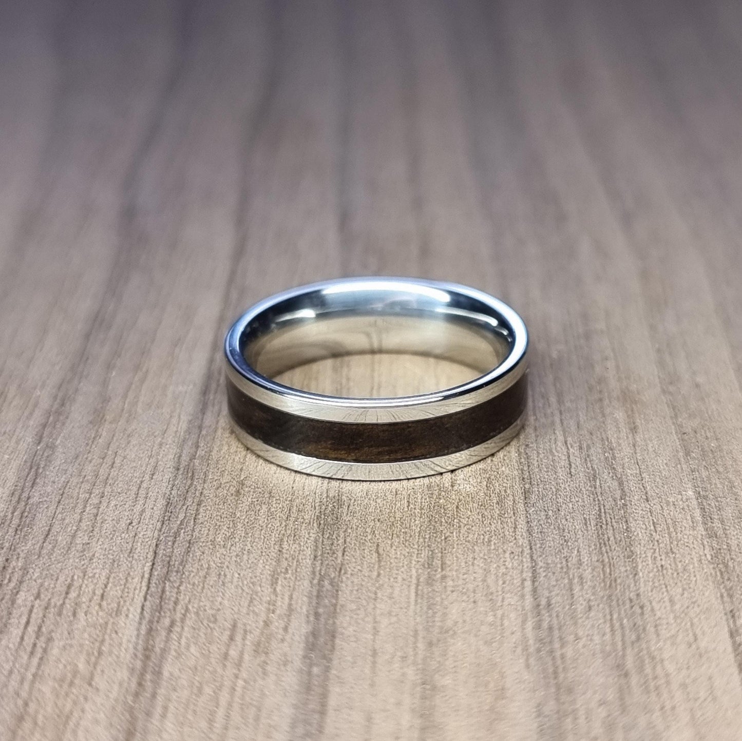 Stainless steel and smoked eucalyptus ring
