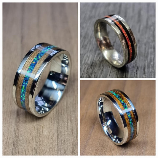 Custom memorial, stainless steel & wood ring with cremation ash and crushed opal - Hand made bent wood ring - steel and wooden band