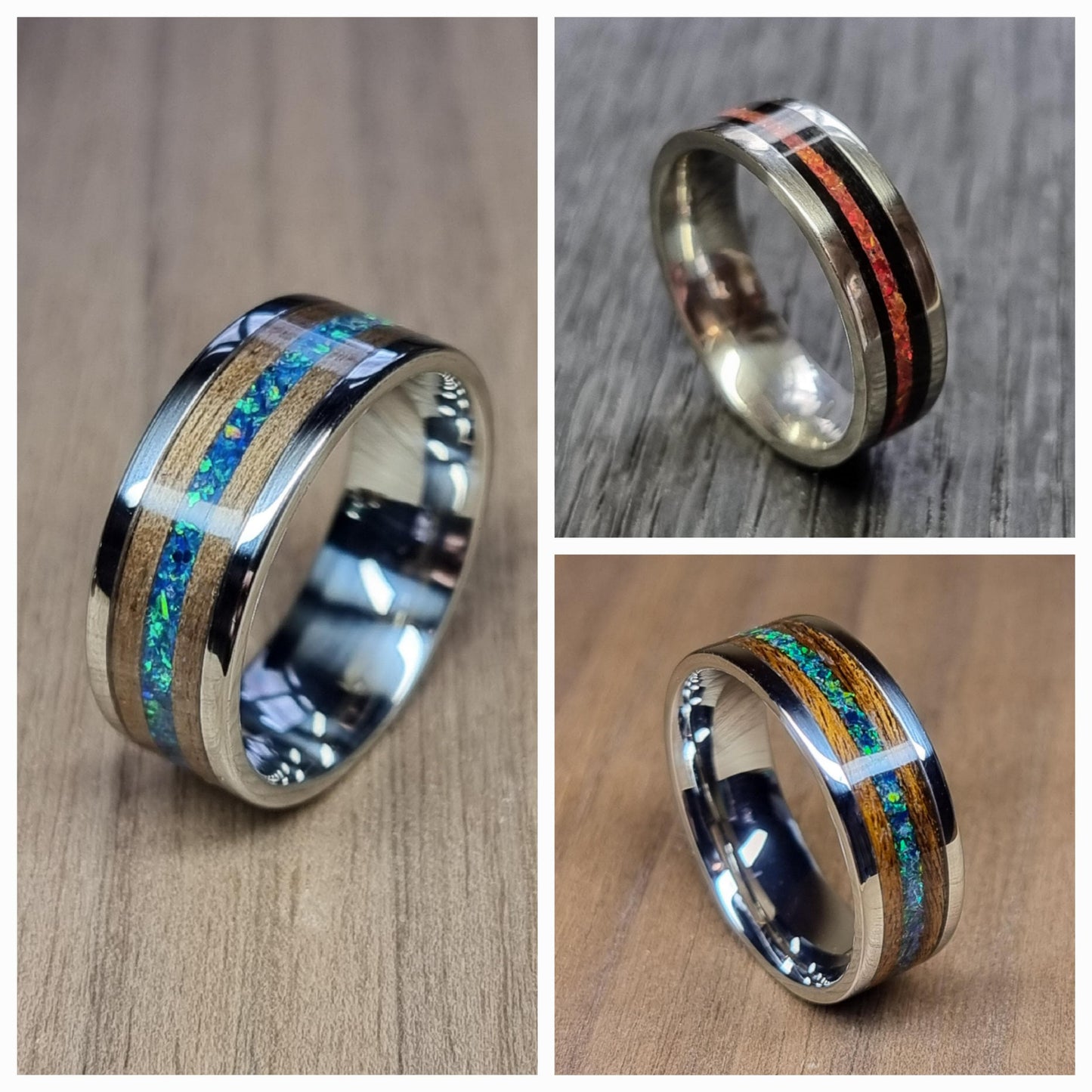 Custom stainless steel & wood ring with crushed opal