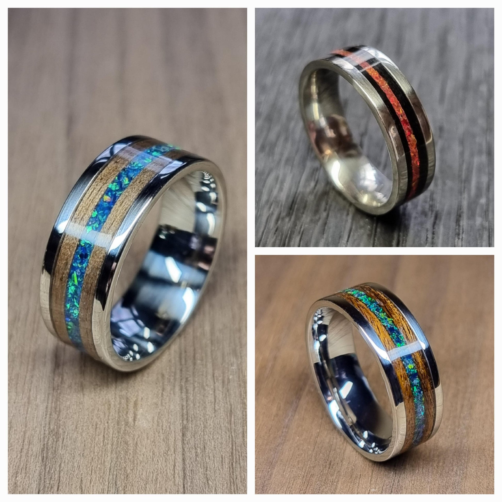 Custom stainless steel & wood ring with crushed opal