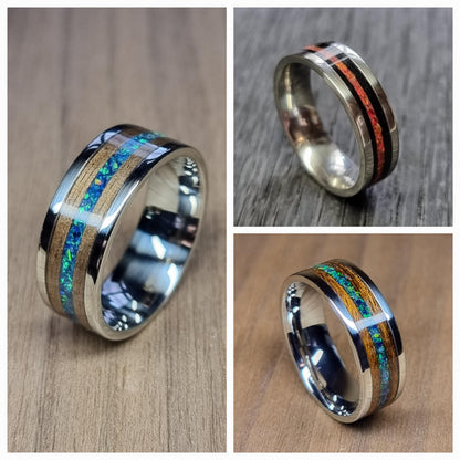 Custom stainless steel & wood ring with crushed opal