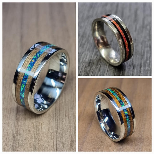 Custom stainless steel & wood ring with crushed opal