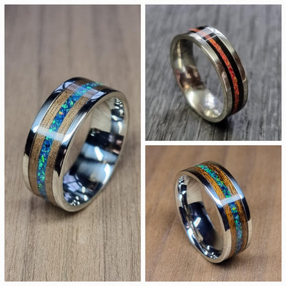 Custom stainless steel & wood ring with crushed opal - Hand made bent wood ring - Wooden wedding band - Alternative Engagement ring