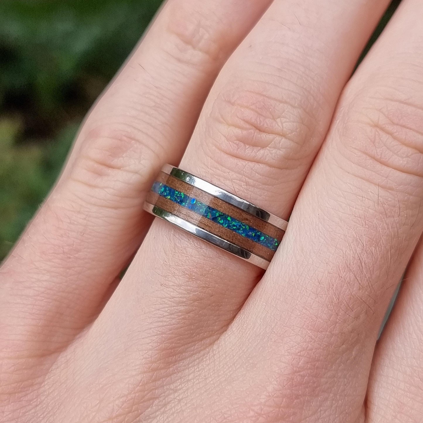 Custom stainless steel & wood ring with crushed opal - Hand made bent wood ring - Wooden wedding band - Alternative Engagement ring