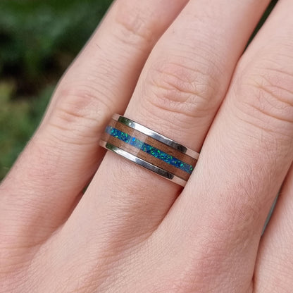 Custom stainless steel & wood ring with crushed opal - Hand made bent wood ring - Wooden wedding band - Alternative Engagement ring