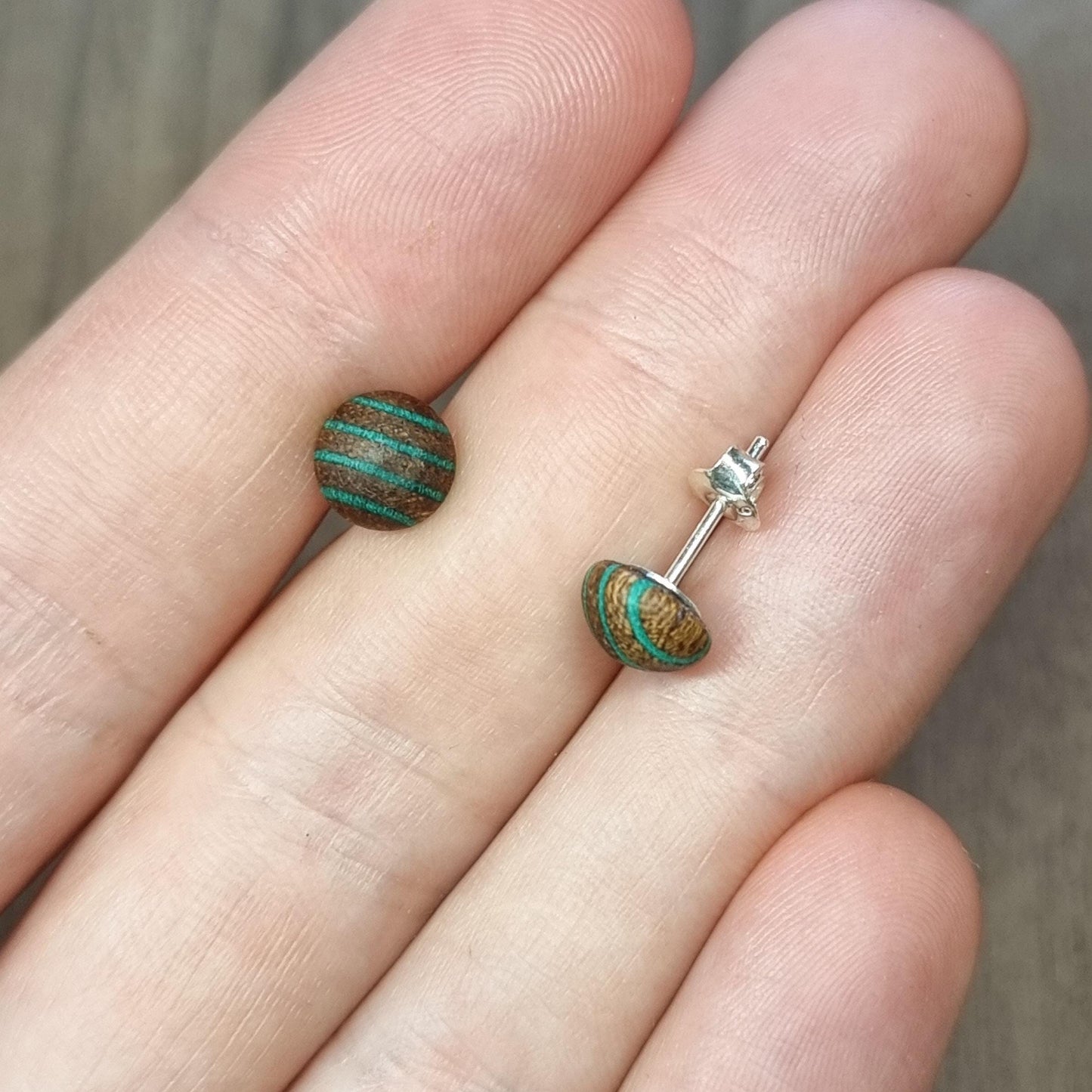 Rainbow striped wood & silver hand made stud earrings
