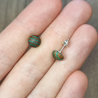 Rainbow striped wood & silver hand made stud earrings