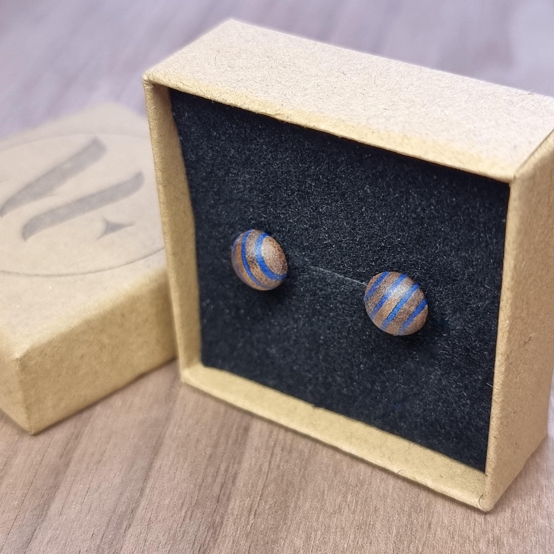 Rainbow striped wood & silver hand made stud earrings