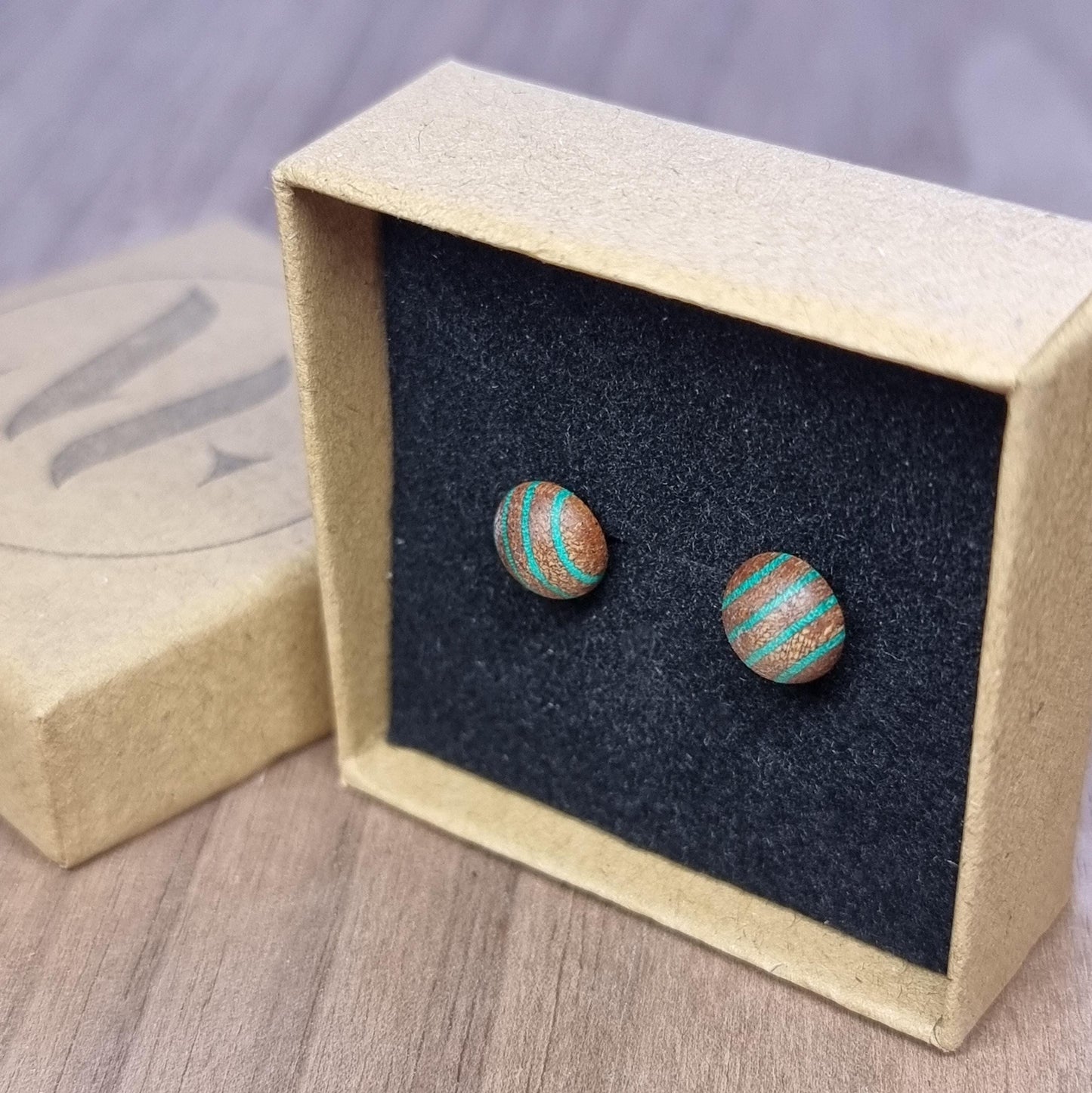 Rainbow striped wood & silver hand made stud earrings