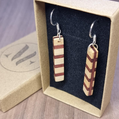 Striped wood & silver dangle drop earrings - Colourful wooden earrings - handmade natural earrings - Alternative earrings