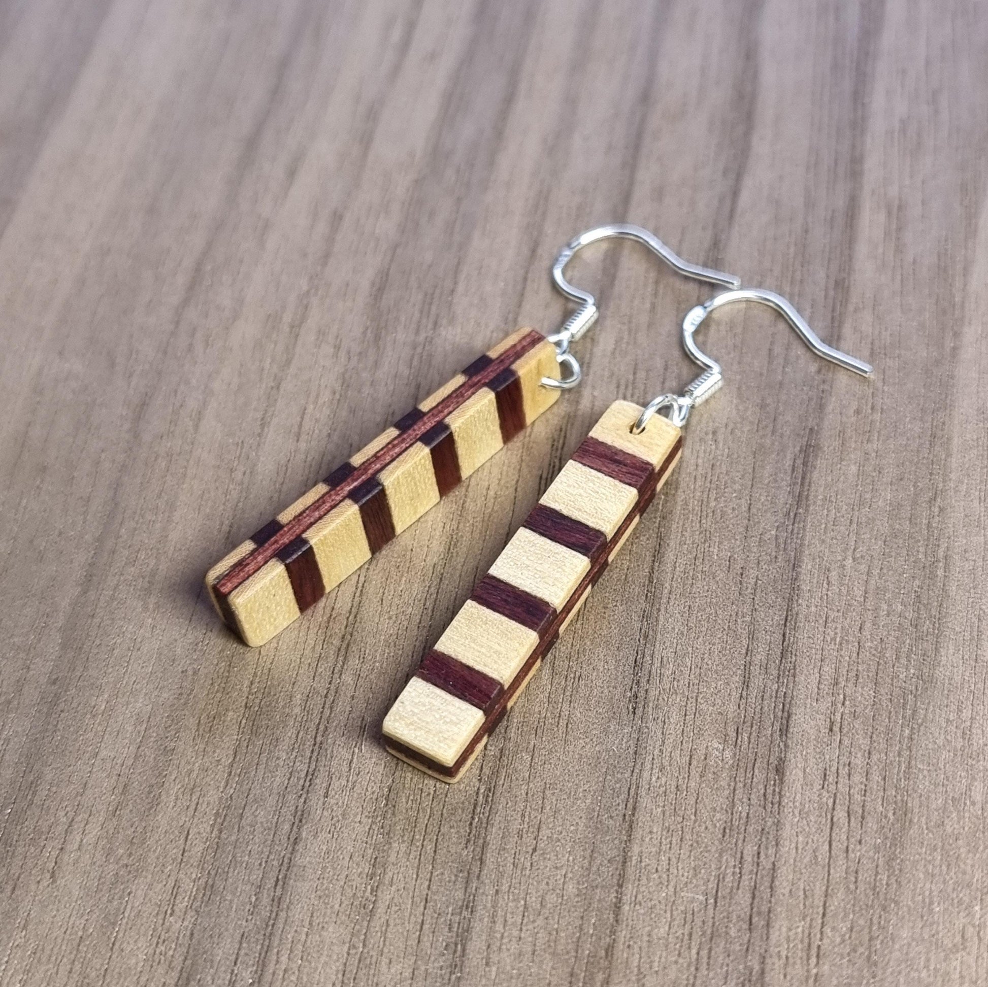 Striped wood & silver dangle drop earrings - Colourful wooden earrings - handmade natural earrings - Alternative earrings