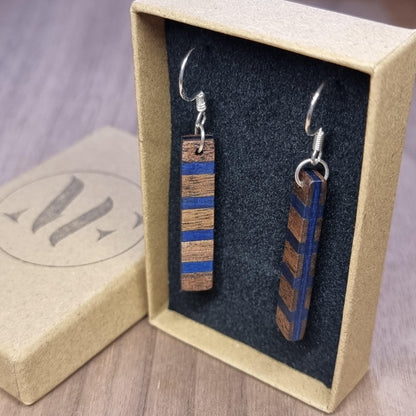 Striped wood & silver dangle drop earrings - Colourful wooden earrings - handmade natural earrings - Alternative earrings