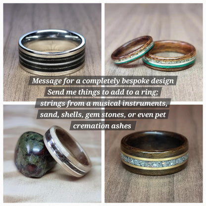 Custom wood, metal & abalone shell ring - Bespoke Hand made bent wood - Wooden wedding band - Alternative Engagement - Natural jewellery