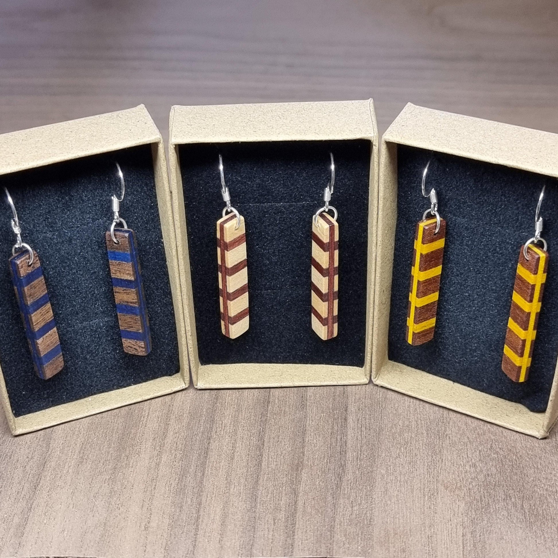 Striped wood & silver dangle drop earrings - Colourful wooden earrings - handmade natural earrings - Alternative earrings