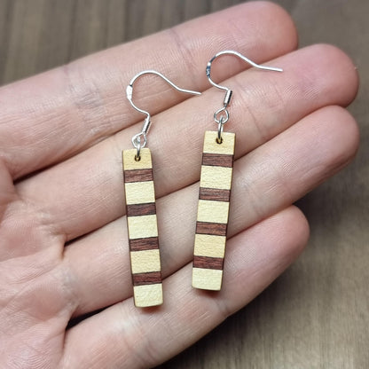 Striped wood & silver dangle drop earrings - Colourful wooden earrings - handmade natural earrings - Alternative earrings