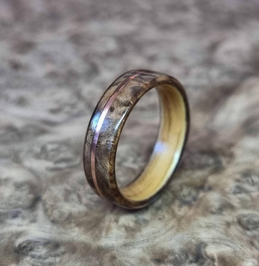 Burr walnut & oak with copper inlay hand made bent wood ring
