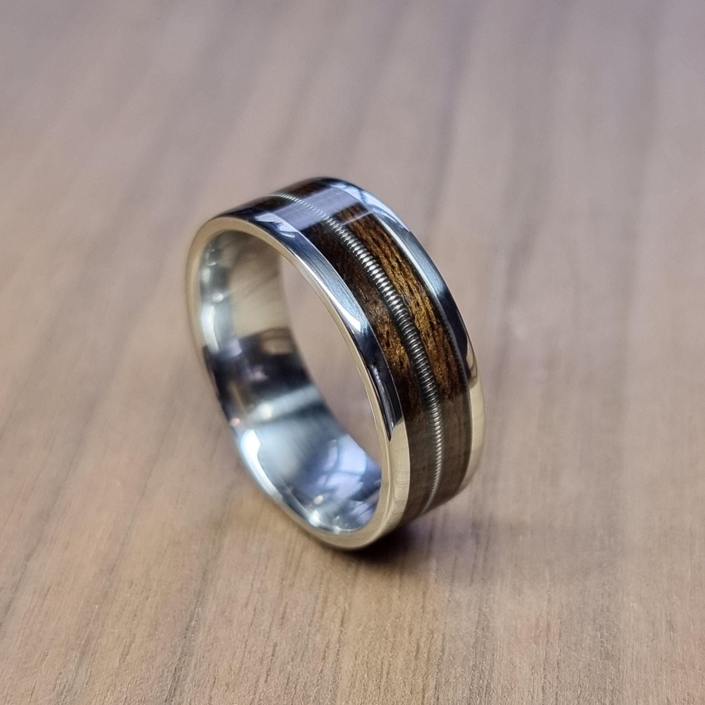Stainless steel and smoked eucalyptus with guitar string ring - Hand made bent wood ring - Wooden wedding band - Engagement ring - Natural