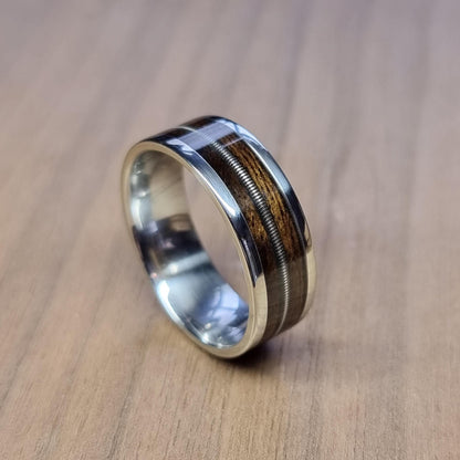 Stainless steel and smoked eucalyptus with guitar string ring - Hand made bent wood ring - Wooden wedding band - Engagement ring - Natural