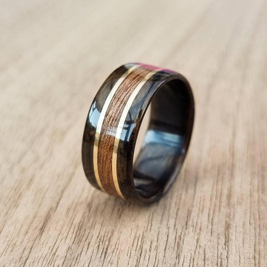 Smoked eucalyptus with sapele and double brass ring - Hand made bent wood ring - Wooden wedding band - Engagement ring - Natural jewellery