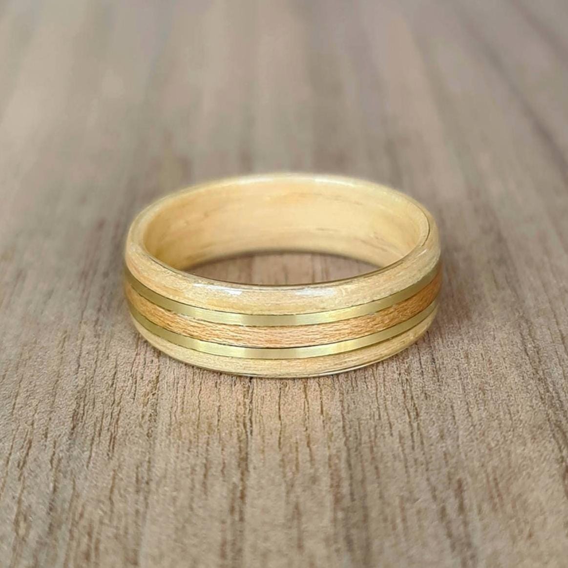 Oak with beach & double brass ring - Bespoke hand made bent wood ring - Custom wooden wedding band - Alternative engagement - anniversary