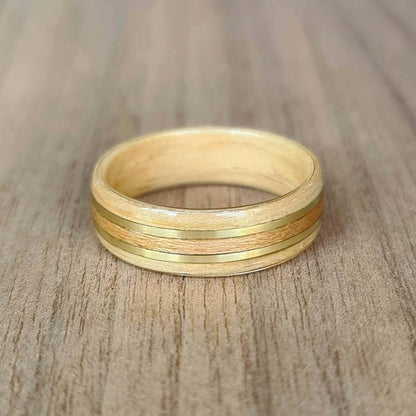 Oak with beach & double brass ring - Bespoke hand made bent wood ring - Custom wooden wedding band - Alternative engagement - anniversary