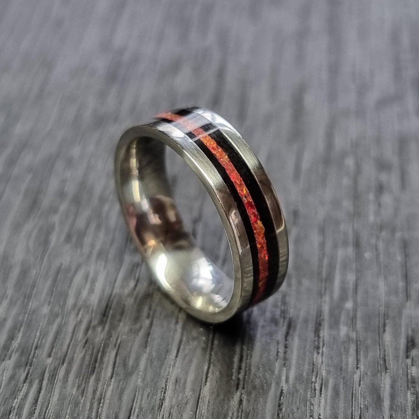 Stainless steel & black oak with red opal ring- Hand made bent wood ring - Wooden wedding band - Engagement ring - Jewellery