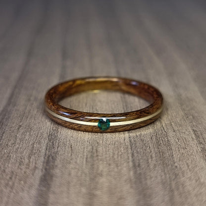 Rosewood and sterling silver with lab created emerald - Hand made bent wood ring - Wooden wedding band - Engagement ring