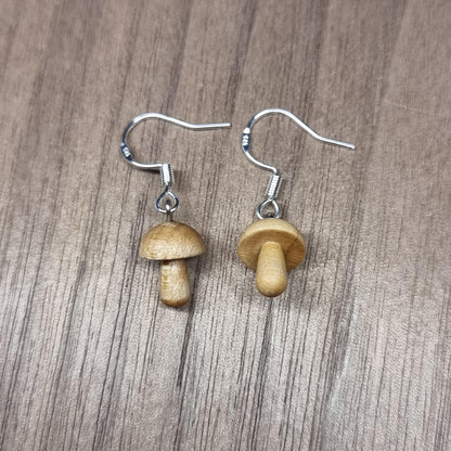 Wooden mushroom and sterling silver dangle / drop earrings - Wooden earrings - Natural earrings