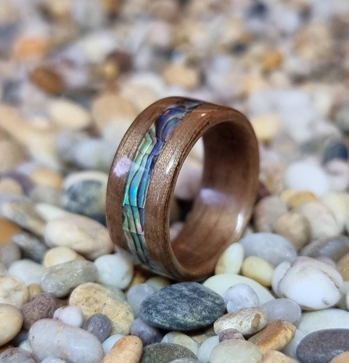 Walnut and abalone paua shell ring - Hand made bent wood ring - Wooden wedding band - Engagement ring - Natural jewellery