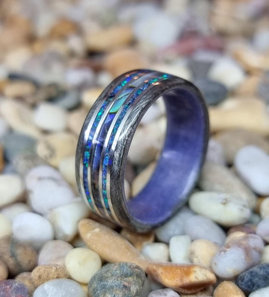 Silver birdseye maple & purple tulipwood with abalone shell, crushed blue opal and silver inlays hand made bent wood ring