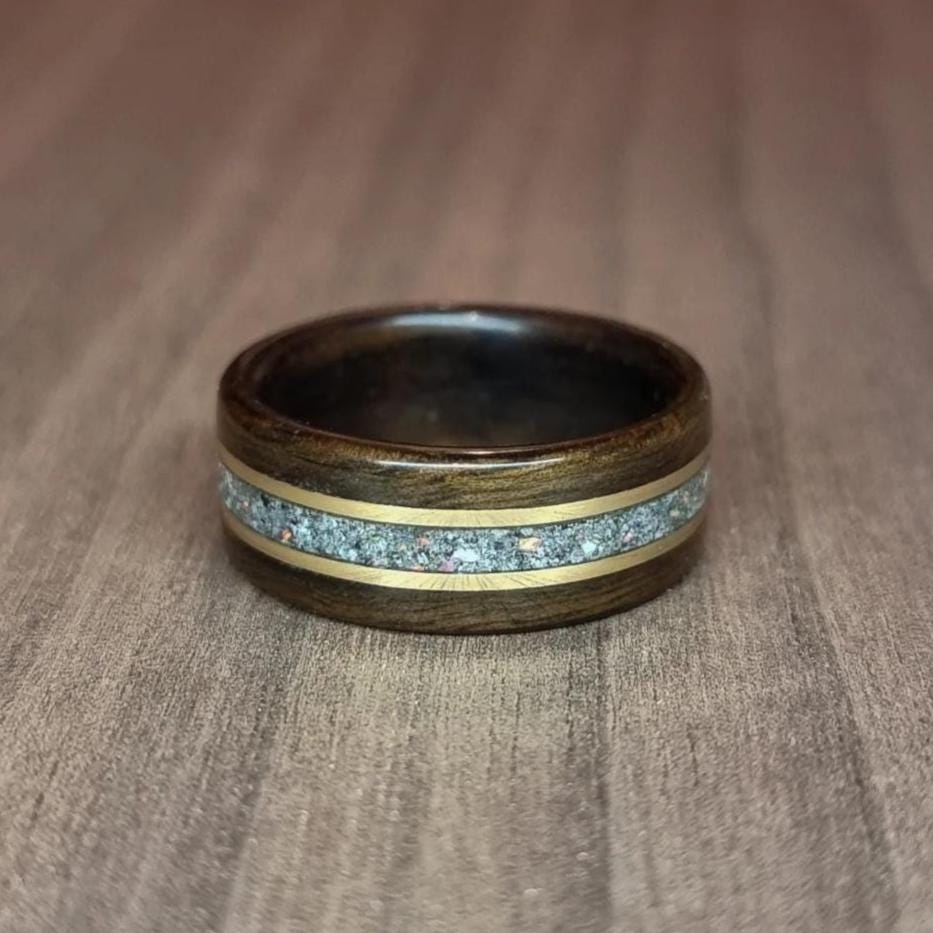 Cremation ash & opal memorial custom wood and metal inlays hand made bent wood ring