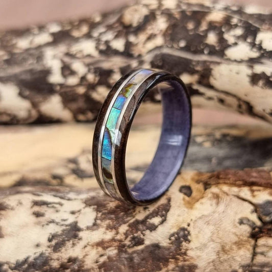 Smoked eucalyptus & purple tulipwood with abalone paua shell and double silver inlays hand made bent wood ring