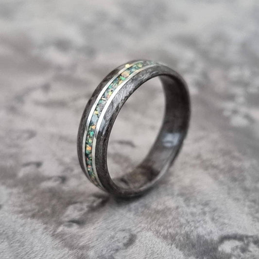 Silver birdseye maple with white opal and double silver inlays hand made bent wood ring