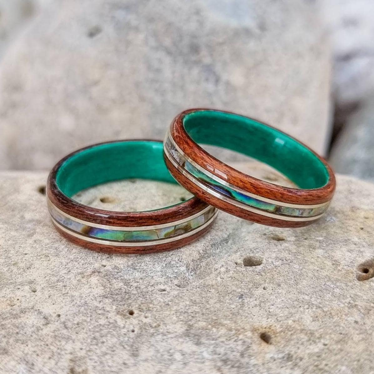 Rosewood & green tulipwood with abalone paua shell and silver inlays hand made bent wood ring