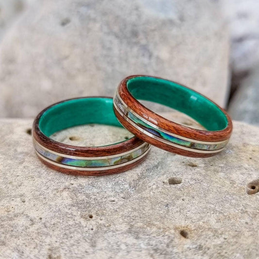 Rosewood & green tulipwood with abalone paua shell and silver inlays hand made bent wood ring