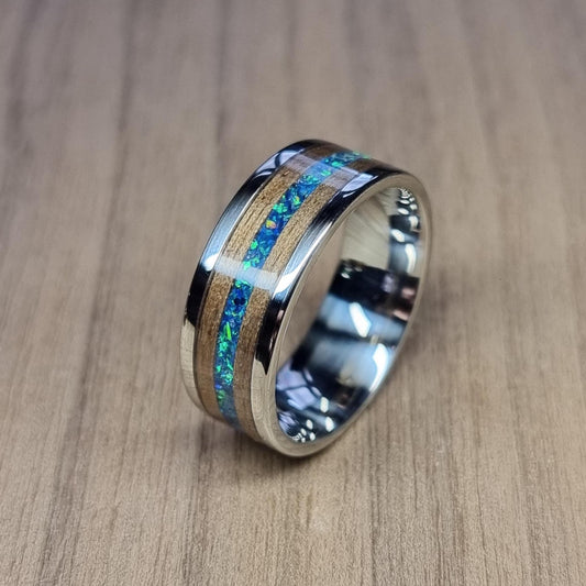 Stainless steel & walnut ring with blue opal inlay