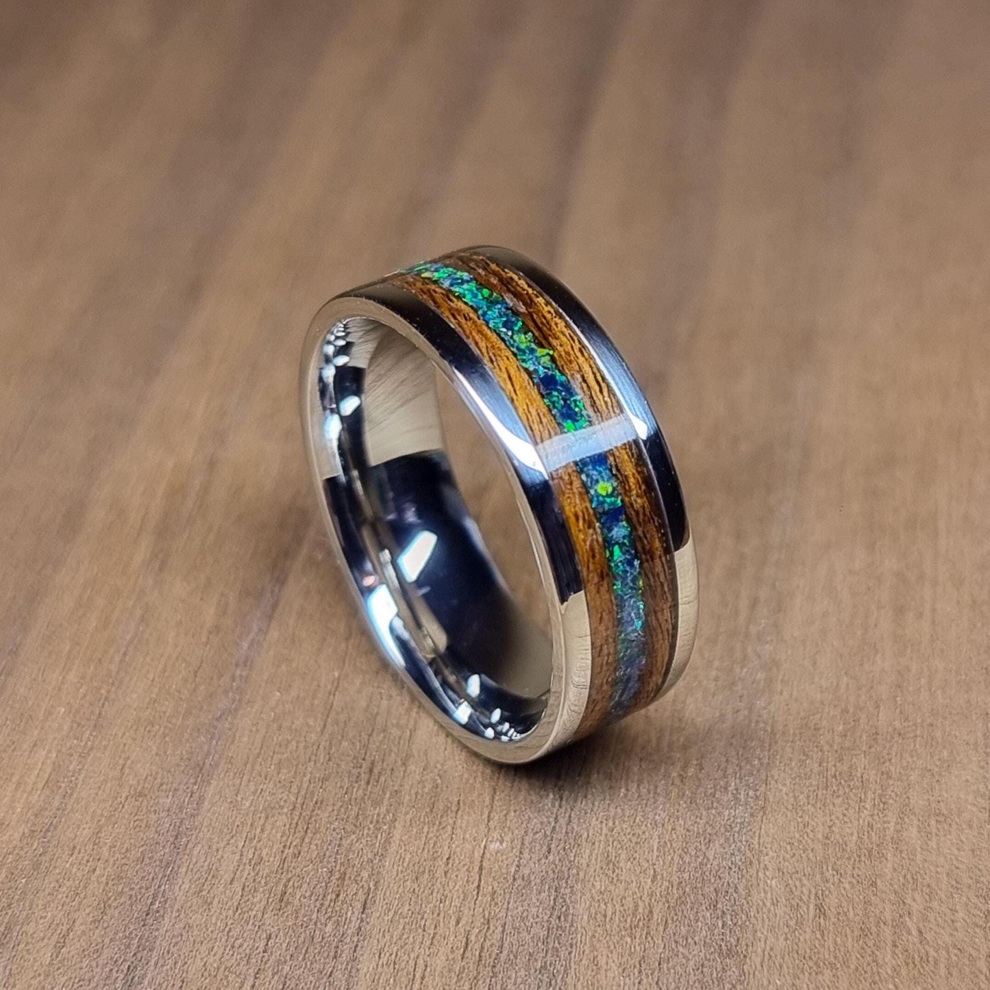 Stainless steel & rosewood ring with green opal - Hand made bent wood ring - Wooden wedding band - Engagement ring - Jewellery