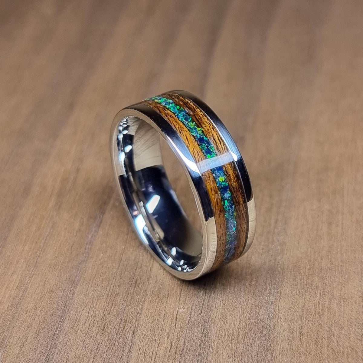 Stainless steel & rosewood ring with green opal inlay