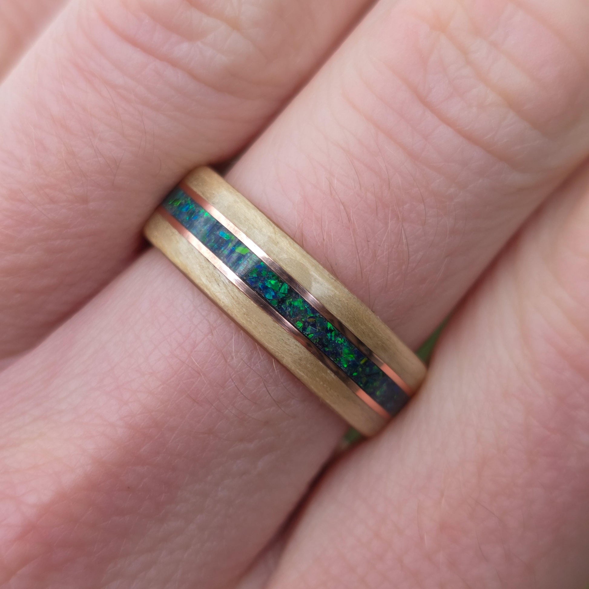 Willow with green opal and double copper inlays hand made bent wood ring