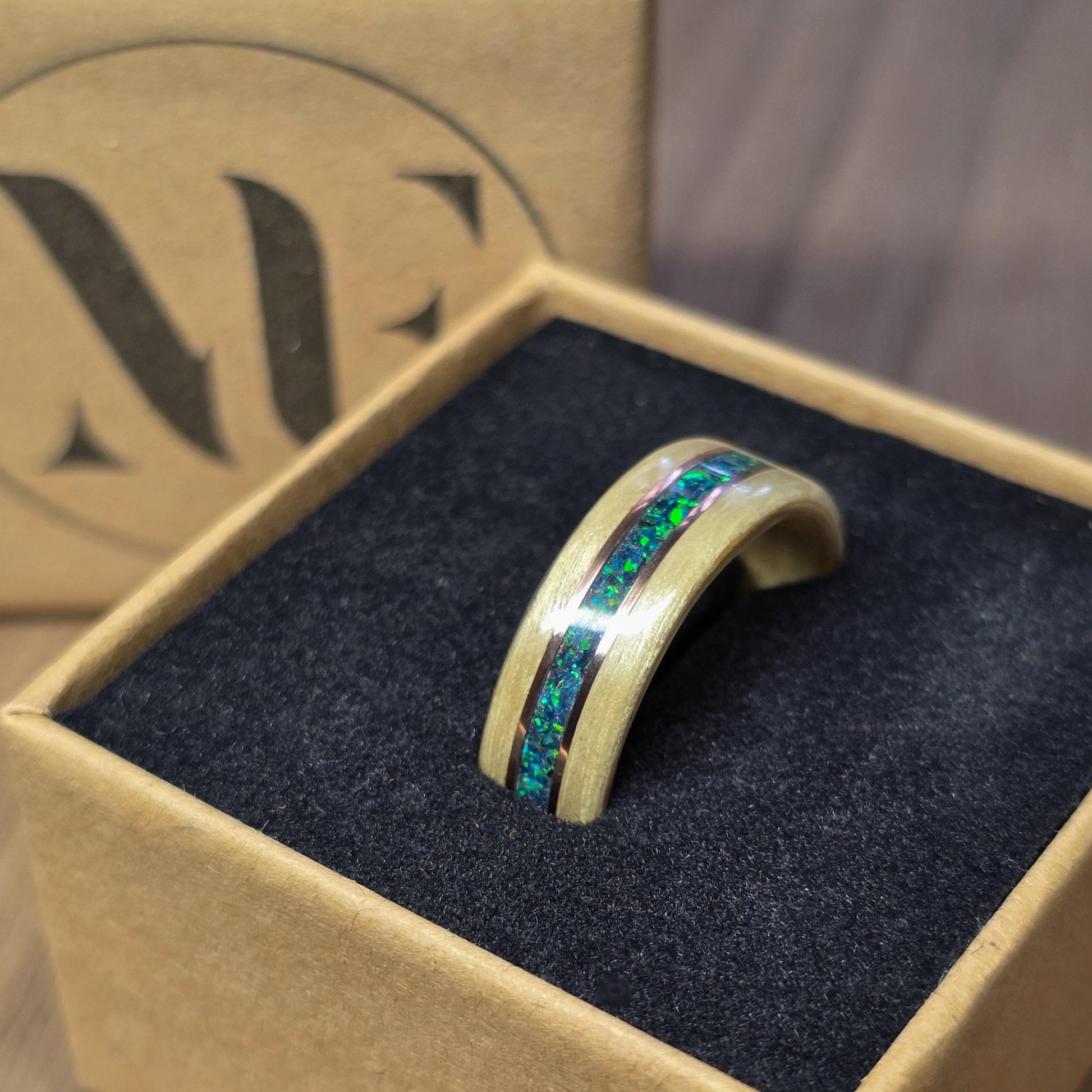 Willow with green opal and double copper inlays ring - Hand made bent wood ring - Wooden wedding band - Engagement ring - Natural jewellery