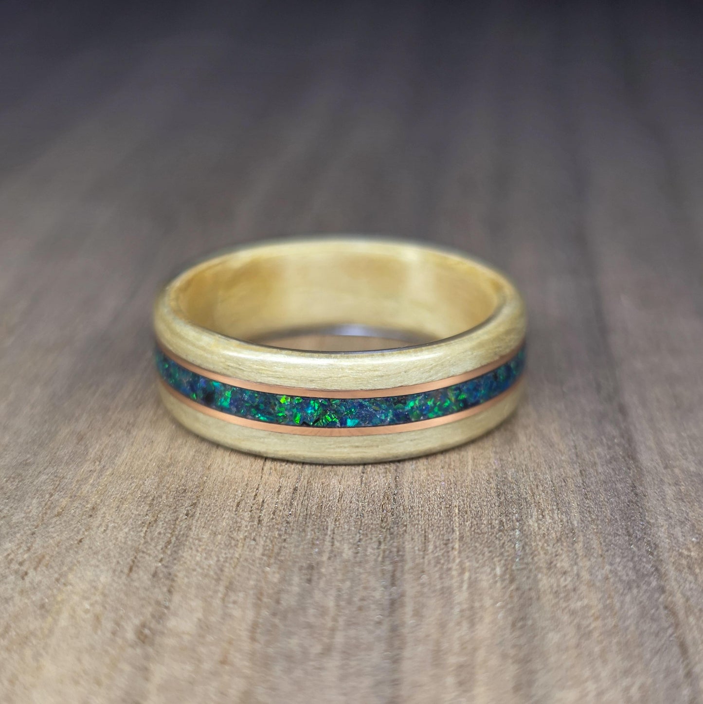 Willow with green opal and double copper inlays ring - Hand made bent wood ring - Wooden wedding band - Engagement ring - Natural jewellery